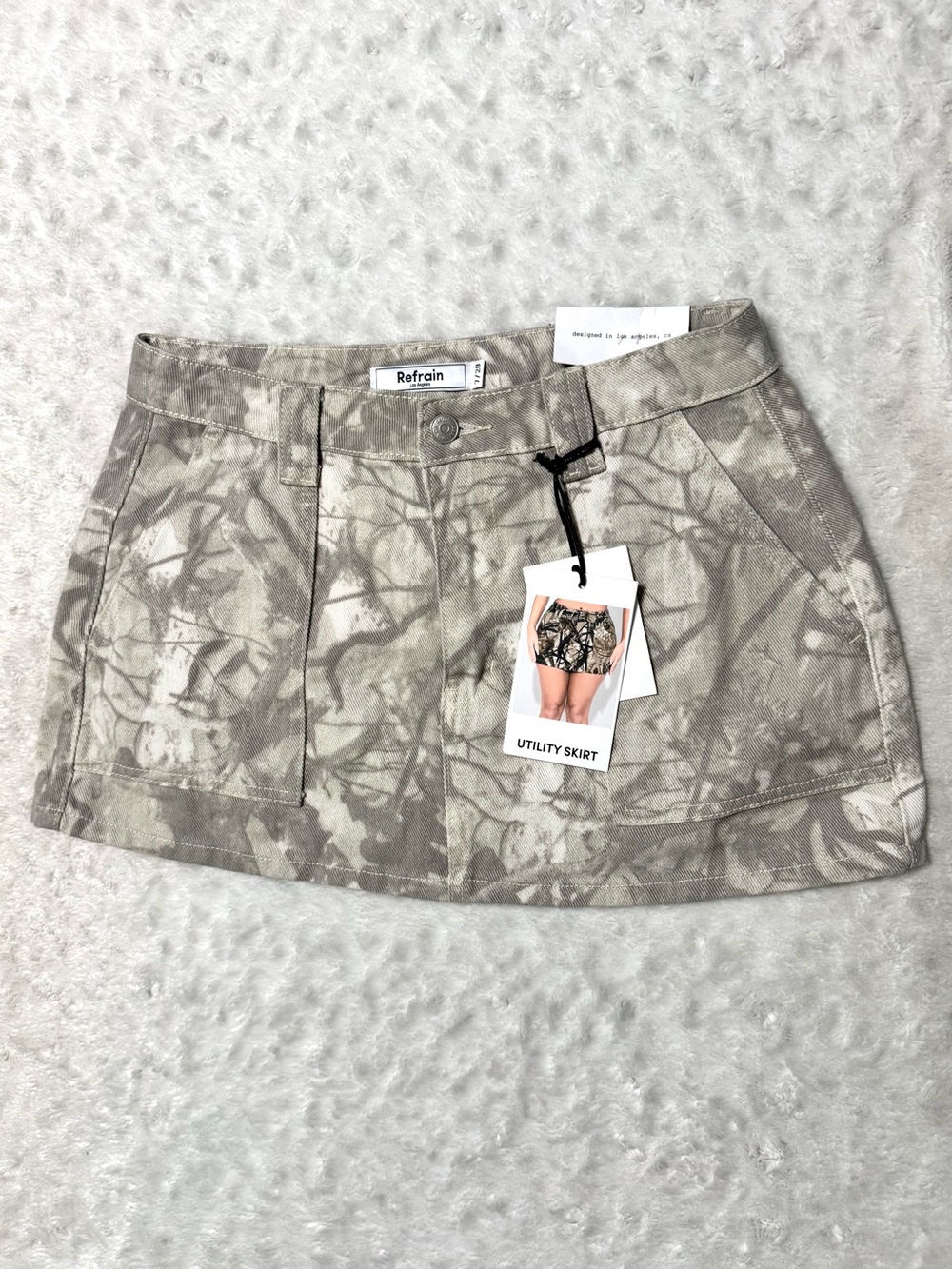 NWT- Refrain Los Angeles Neutral Tree Camo Utility Mini Skirt